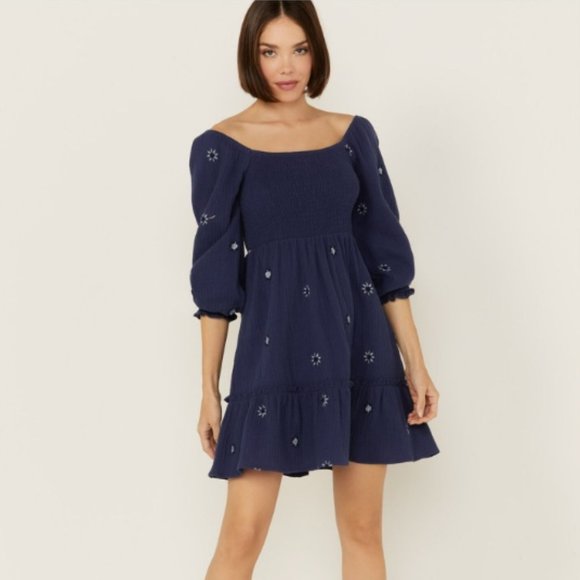 Jolt NWOT Women's Rouched Front Embroidered Navy Dress XL - Picture 1 of 16